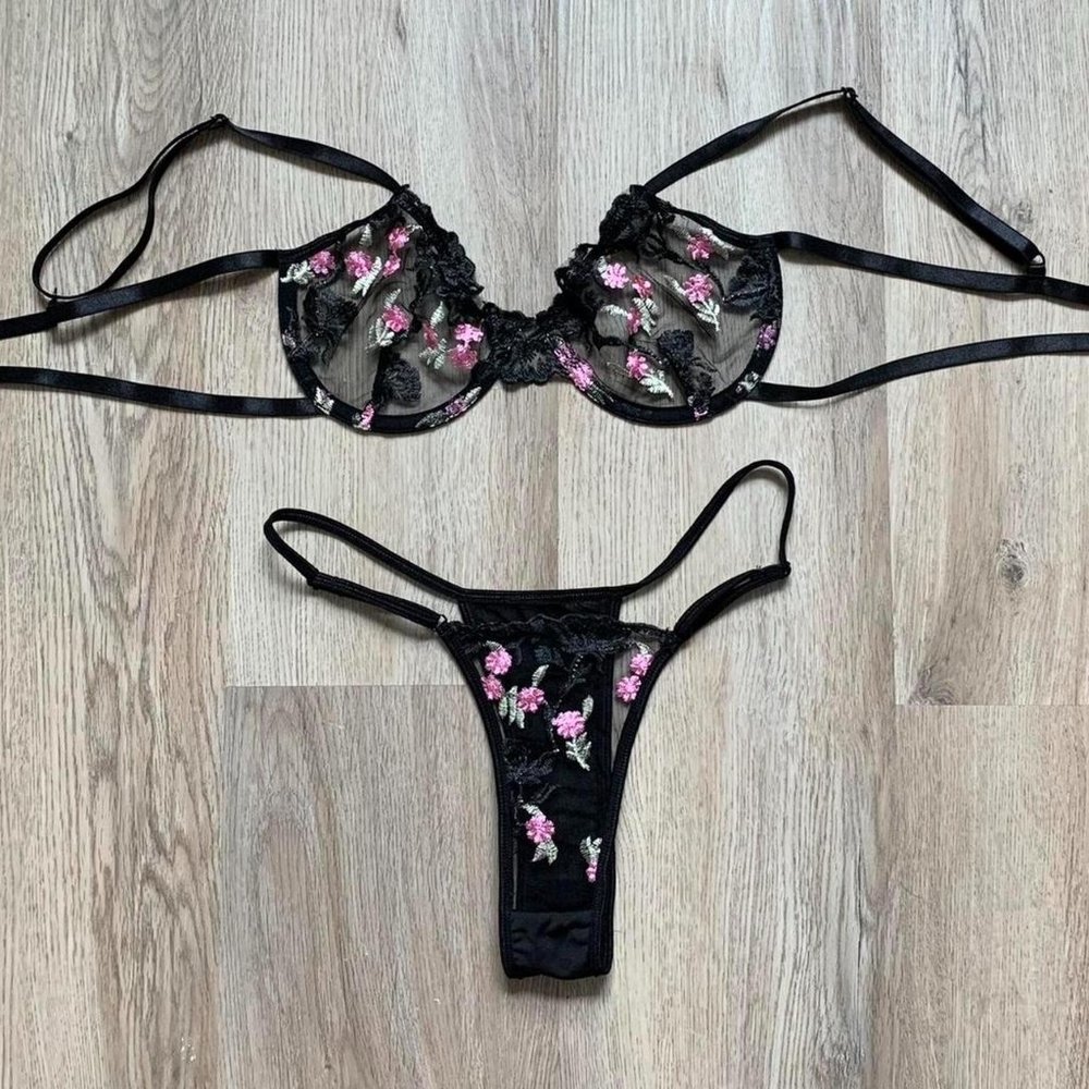 Black and Pink Floral Strappy Thong Lingerie Set